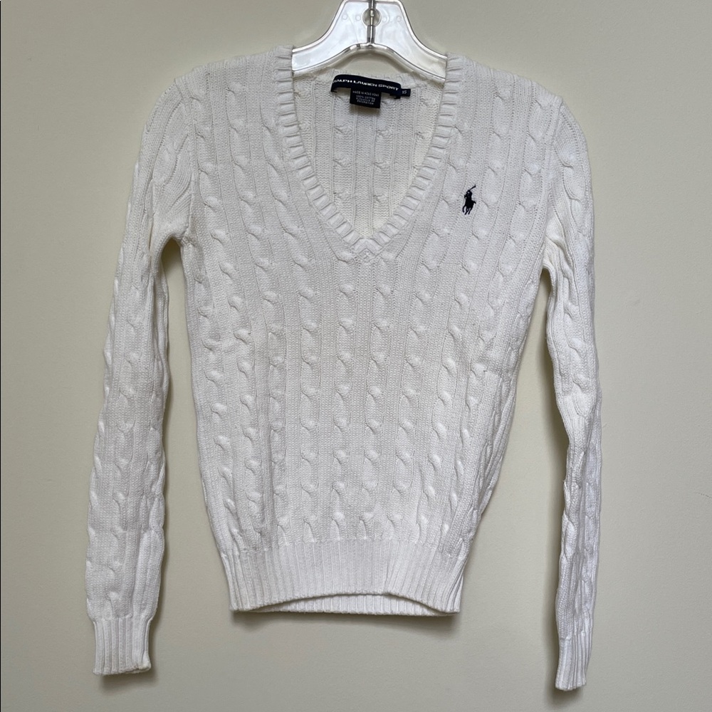 Ralph Lauren Women’s White Cable Knit V-Neck Sweater with Navy Pony